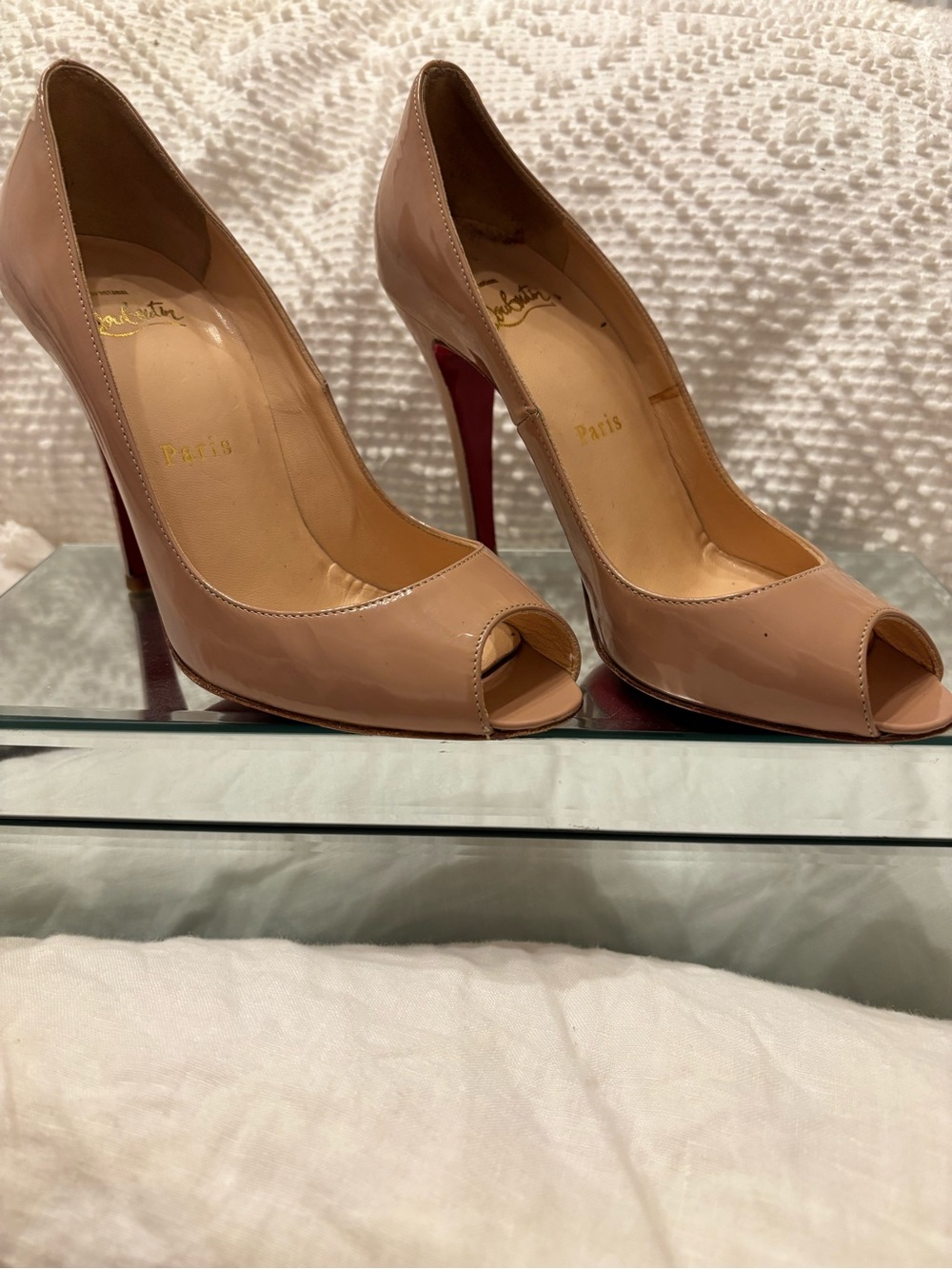 Christian Louboutin Nude Patent Peep-Toe Pumps with Red Soles